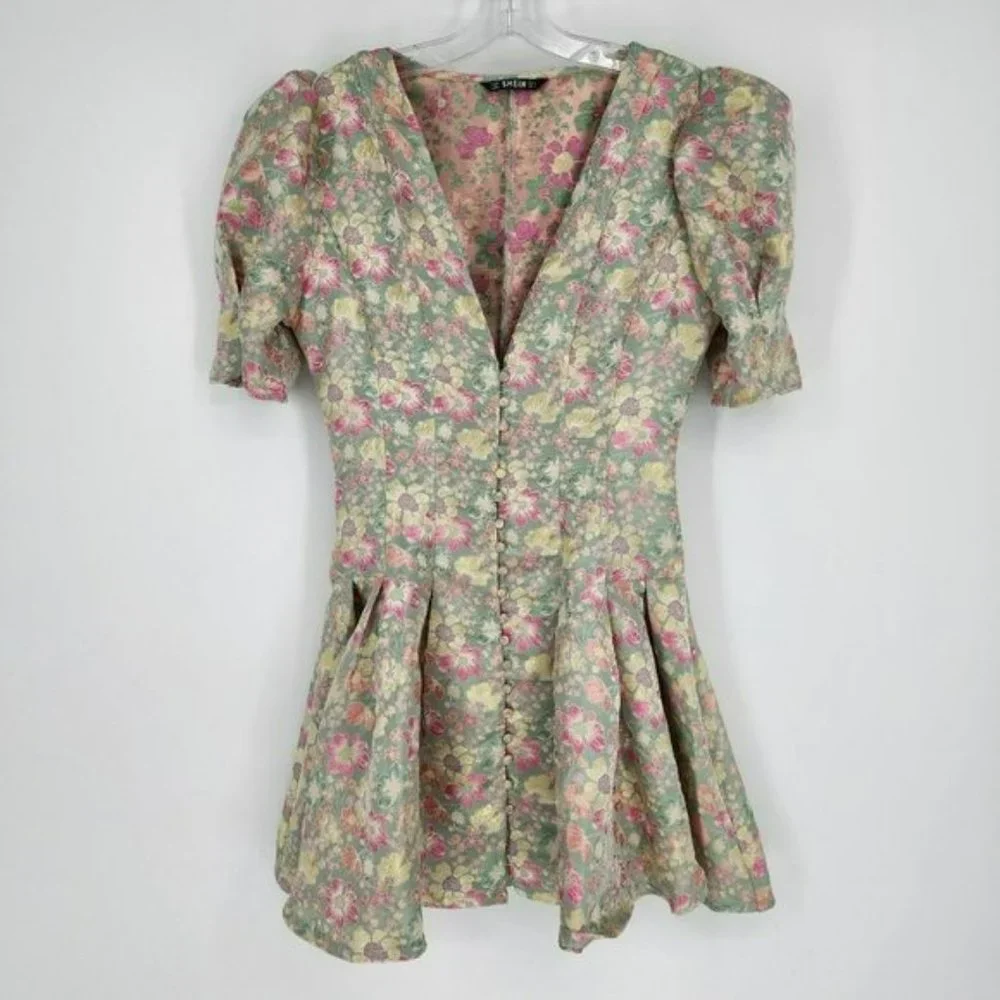 Shein Mini Dress S Pink Colorful Metallic Floral Puff Sleeve Button Front Pleat - Picture 12 of 12